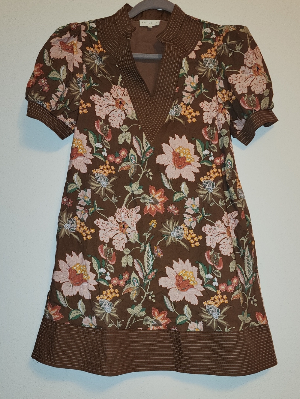 entro Brown Floral V-Neck Mini Dress with Pink & Green Accents